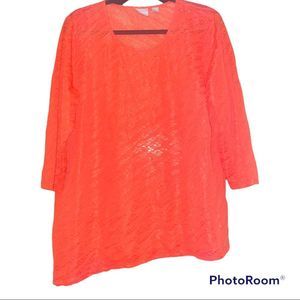 Chico’s Coral Red Orange Semi Sheer Asymmetric Hem Top 3 XL 16 EUC
